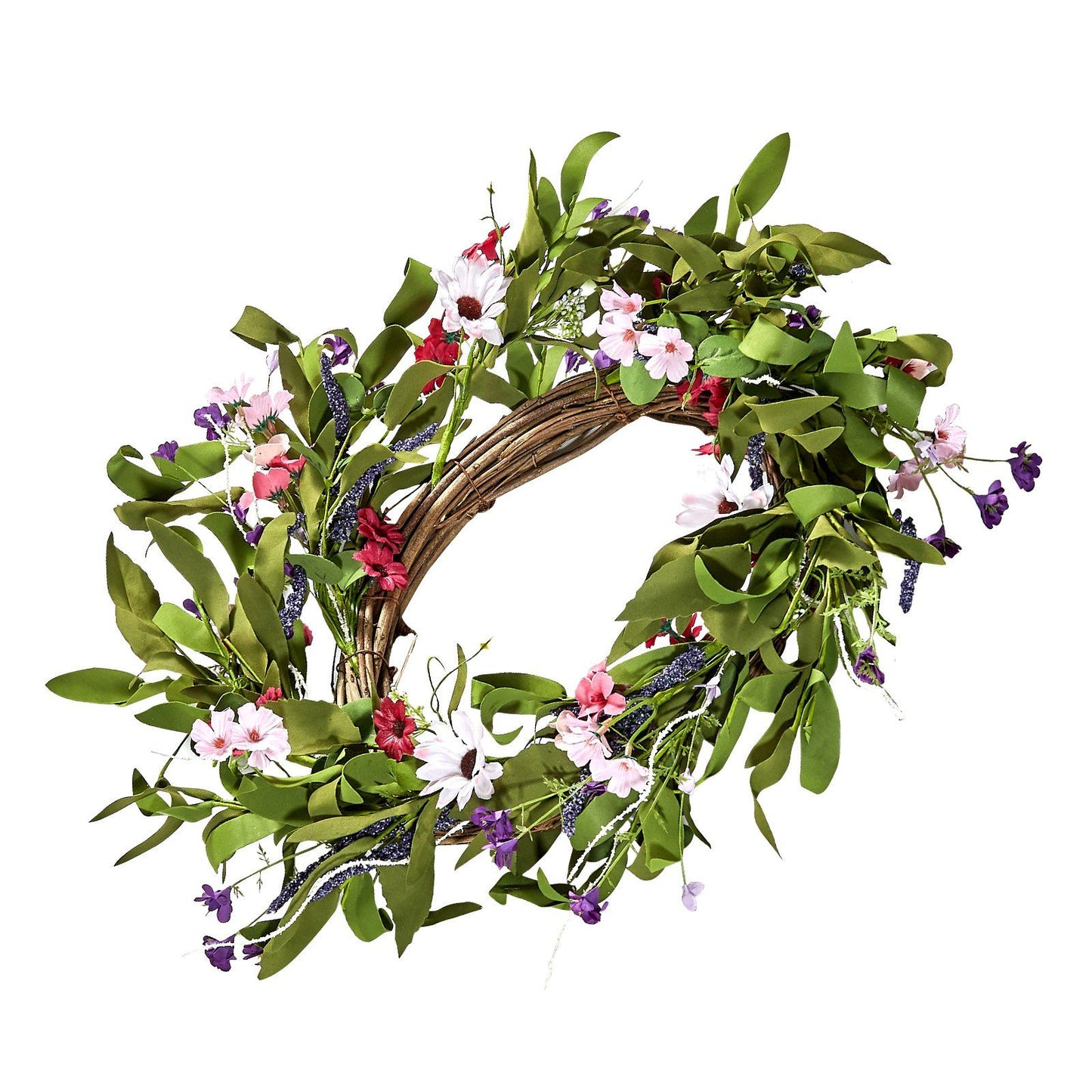 Artificial pink daisy wreath with green leaves and purple accents on a brown vine base