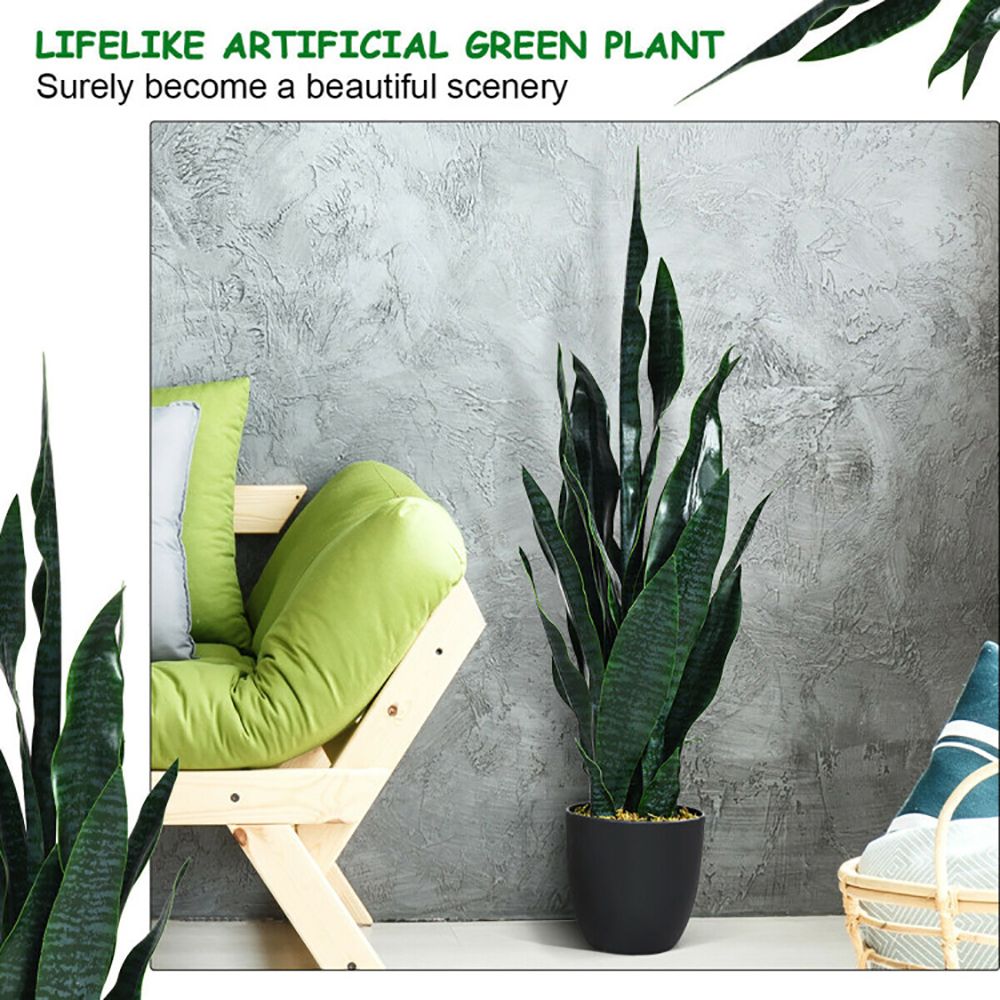 Lifelike artificial snake plant decor in a modern indoor setting with stylish green accents