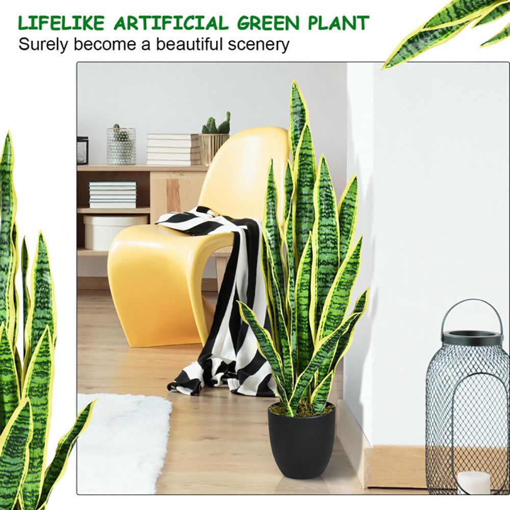 Lifelike artificial snake plant decor in a black pot, perfect for enhancing any indoor space