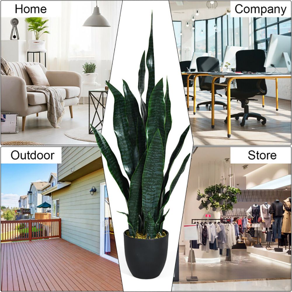 Elegant artificial snake plant decor in a modern black pot for home, office, and outdoor settings