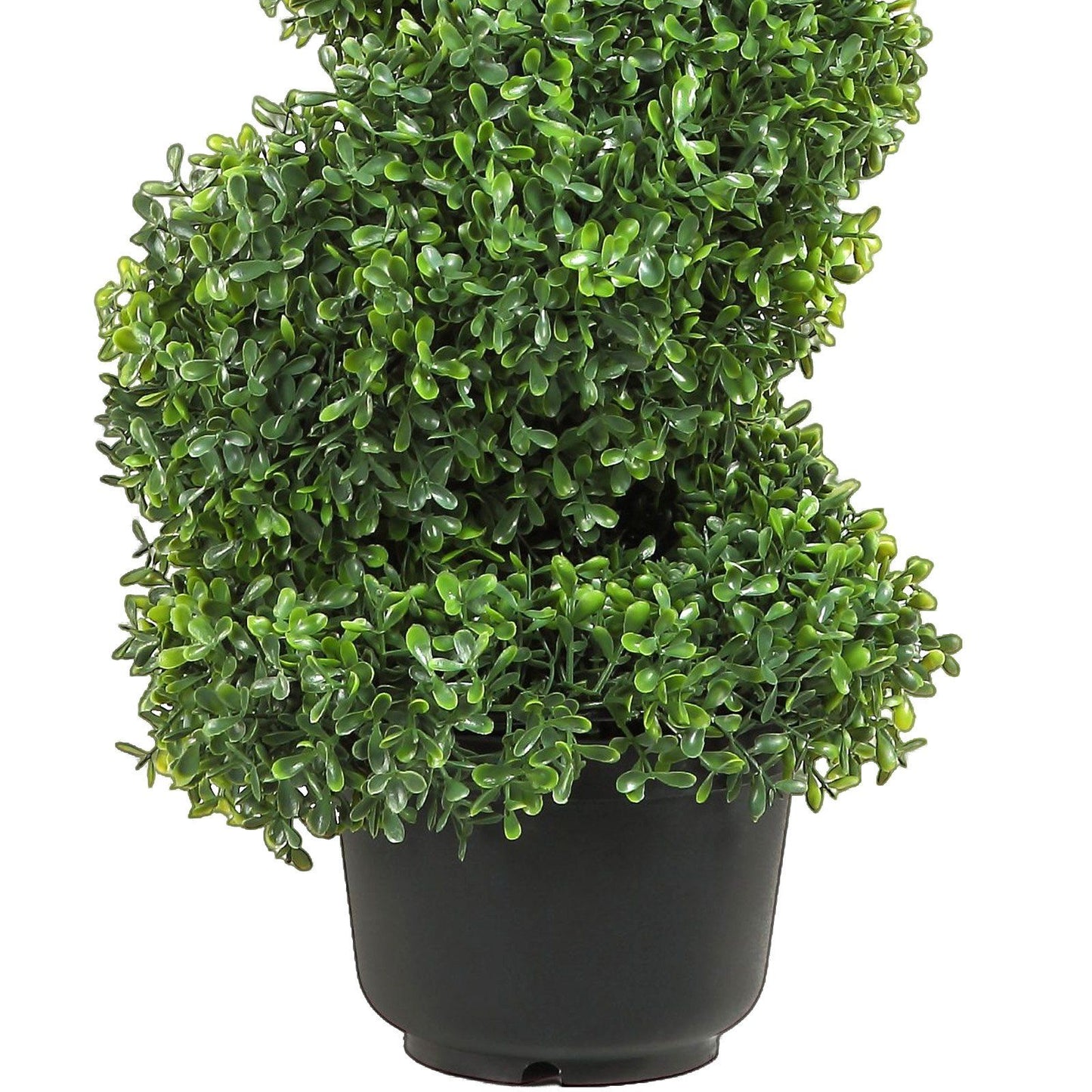 Artificial spiral topiary in a black pot, adding elegance to any indoor or outdoor space