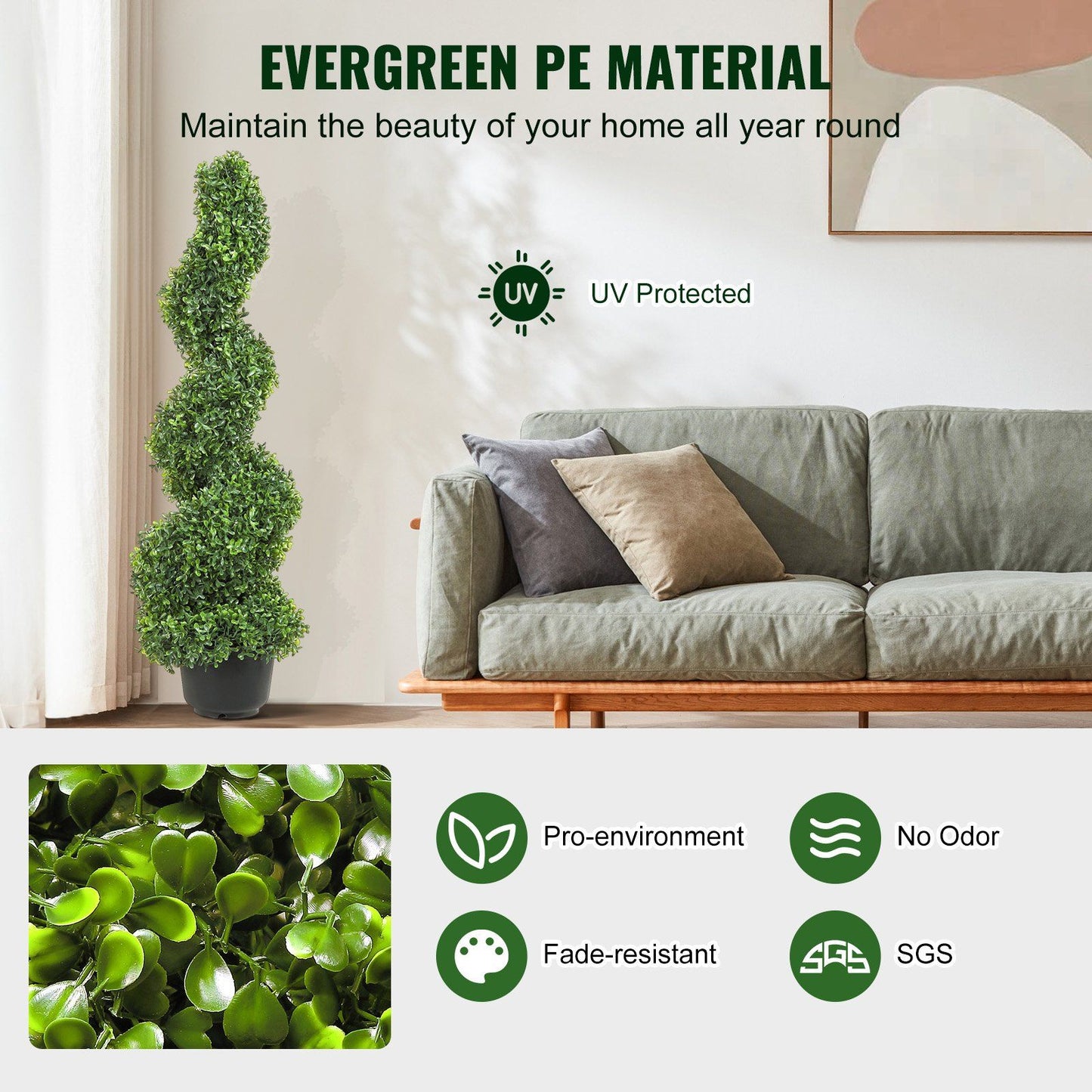 Artificial spiral topiary in green, UV protected and fade-resistant for year-round home decor