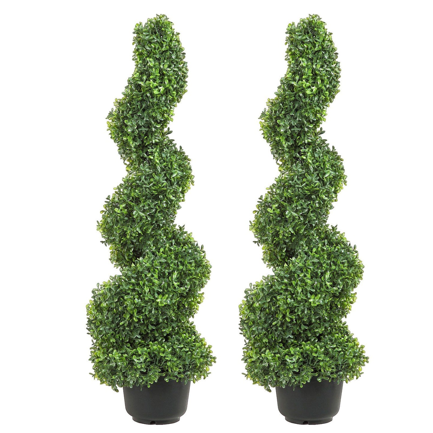 Set of two artificial spiral topiary plants in black pots for stylish indoor or outdoor decor