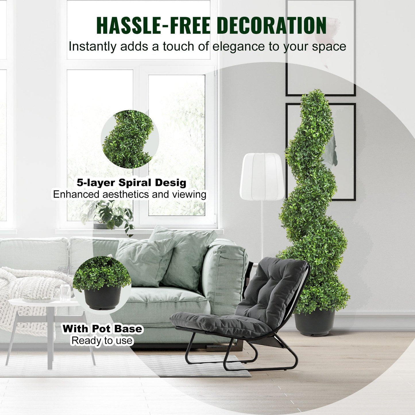 Artificial spiral topiary in stylish living room, adding elegance and greenery to your space