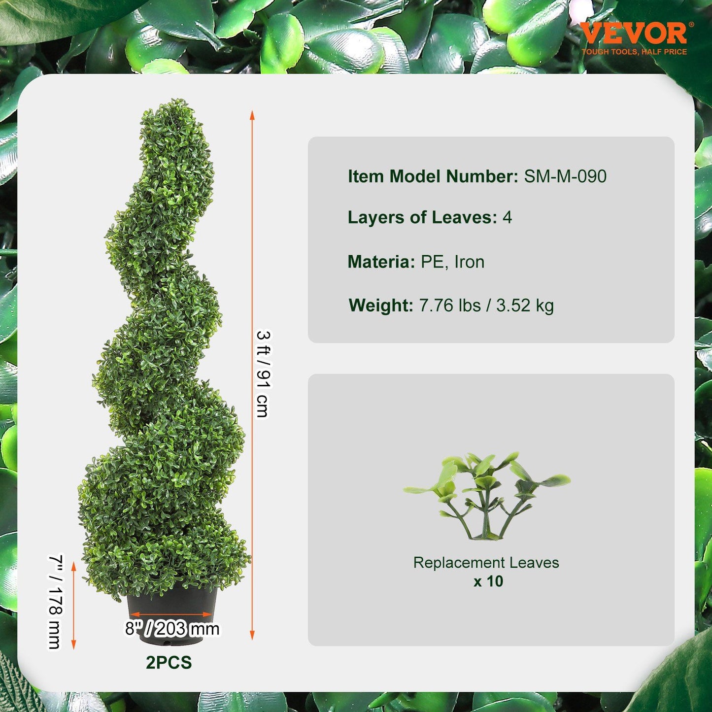 Artificial spiral topiary in a green pot with lush foliage, 3.4 feet tall and 8 inches wide