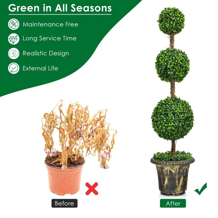 Before and after image of an artificial topiary tree showcasing its realistic design and maintenance-free features
