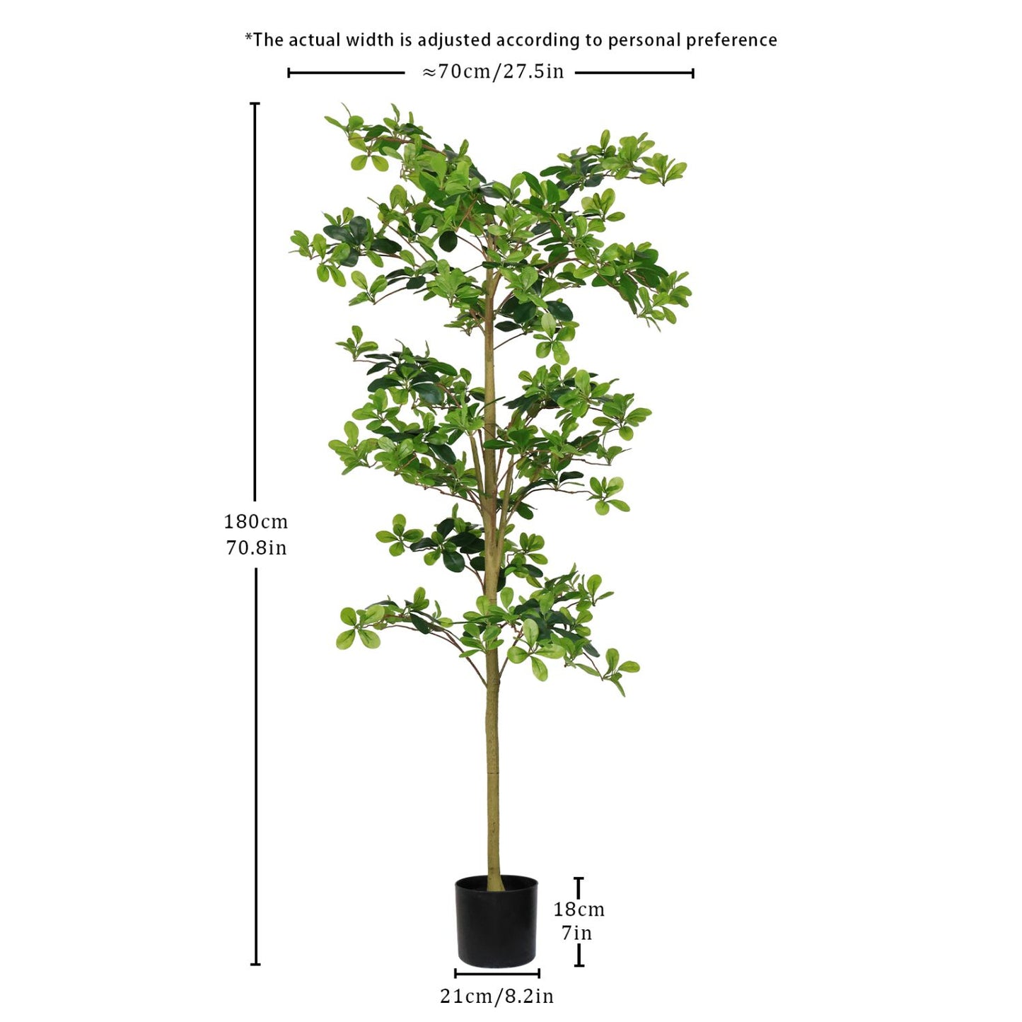 Realistic artificial tung tree plant standing 70.8 inches tall with lush green leaves in a black pot