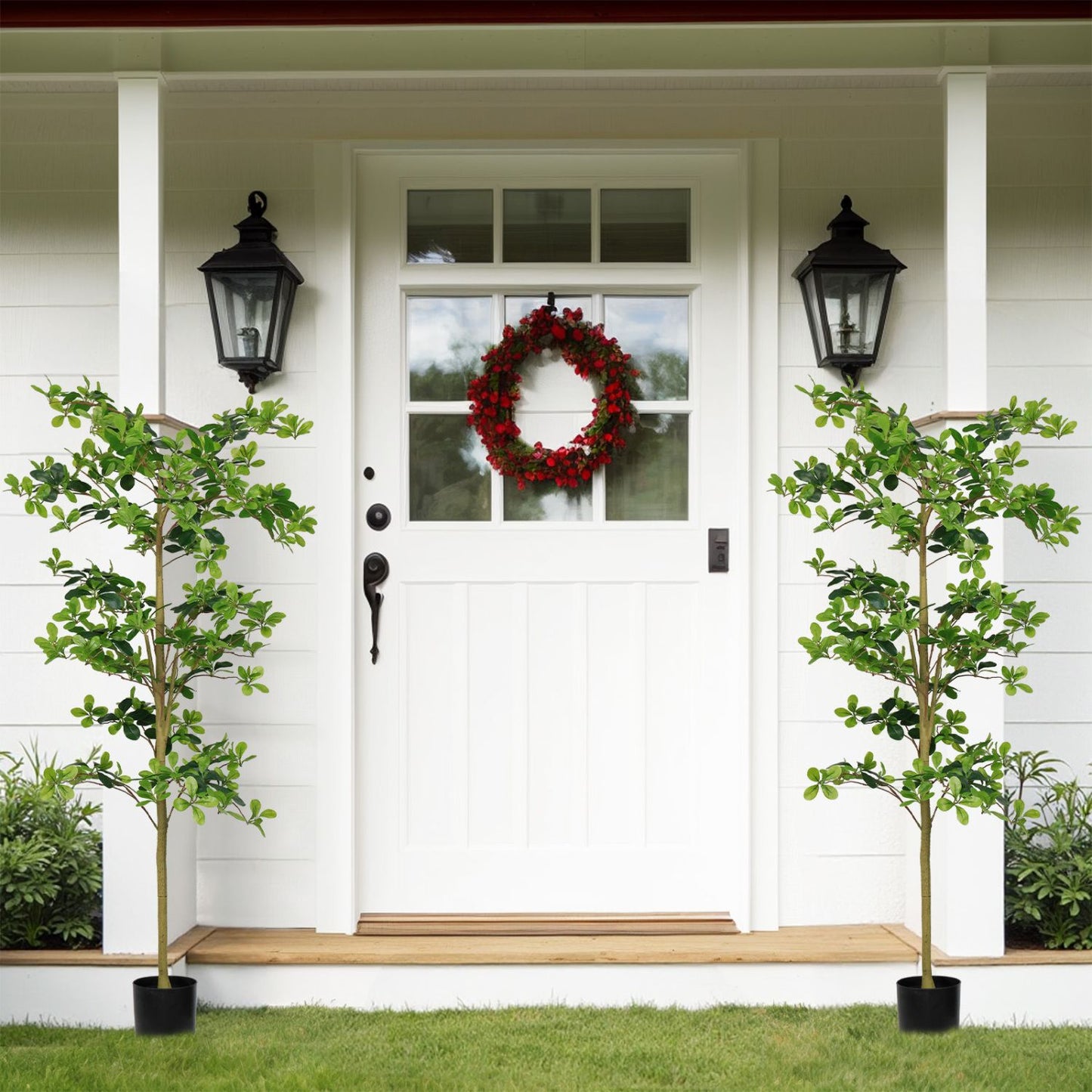 Pair of artificial tung tree plants in black pots flanking a white front door with a festive wreath
