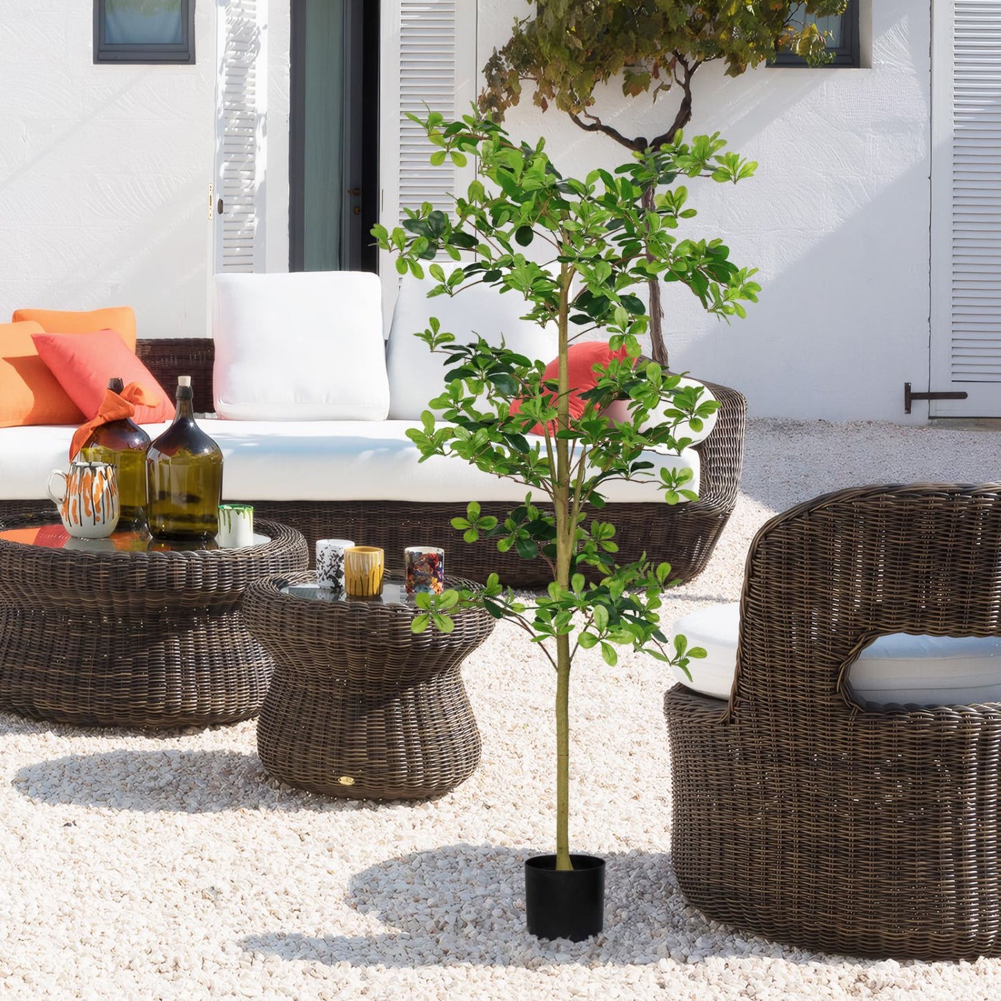 Artificial tung tree plant in a stylish outdoor setting beside woven furniture