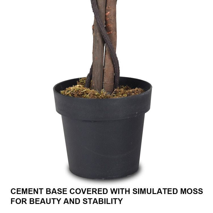 Artificial wisteria tree in a black pot with a cement base and simulated moss for stability