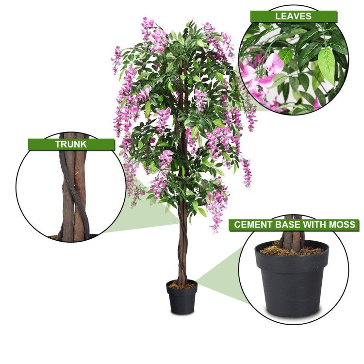Artificial wisteria tree with detailed leaves and realistic trunk in a decorative pot for home decor
