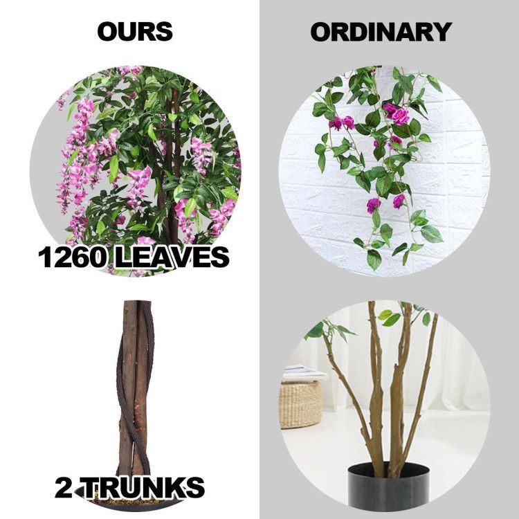 Artificial wisteria tree comparison showing 1260 leaves and 2 trunks for a fuller look