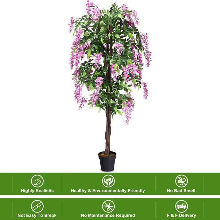 Lifelike artificial wisteria tree with vibrant purple flowers, perfect for home decor and requiring no maintenance
