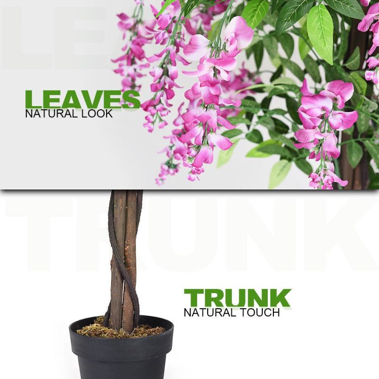 Artificial wisteria tree with vibrant pink flowers and natural look leaves, perfect for home decor