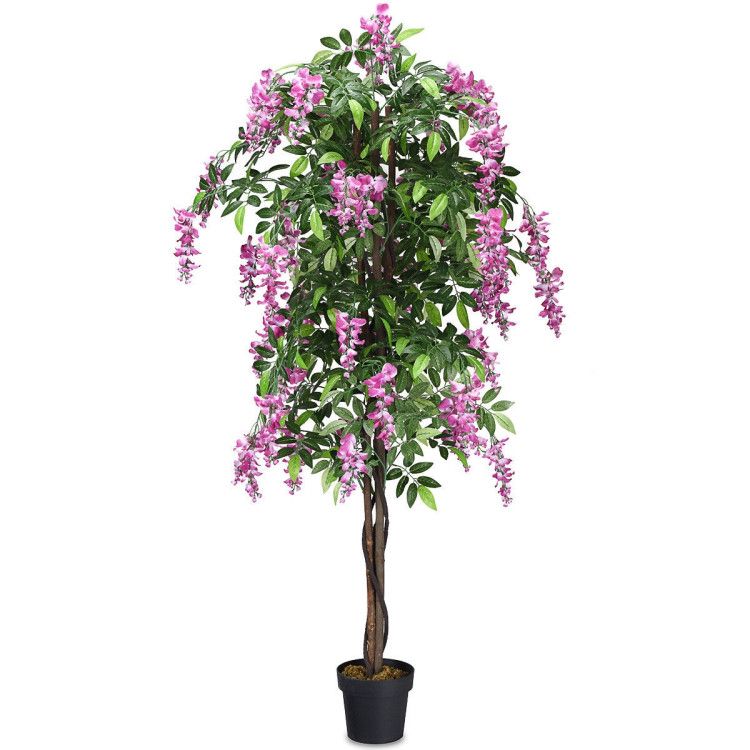 Artificial wisteria tree in a decorative pot with vibrant pink flowers and lush green leaves