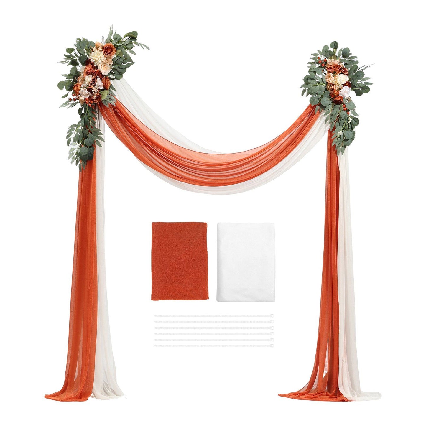 Burnt orange wedding arch flowers with matching orange and white fabric drapes and greenery accents