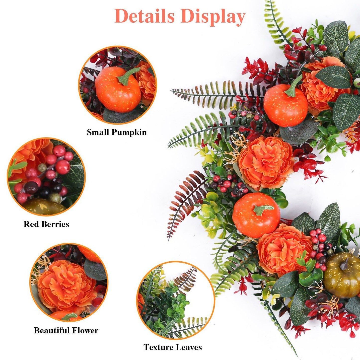 Vibrant autumn wreath decoration featuring pumpkins, berries, and colorful flowers for seasonal decor