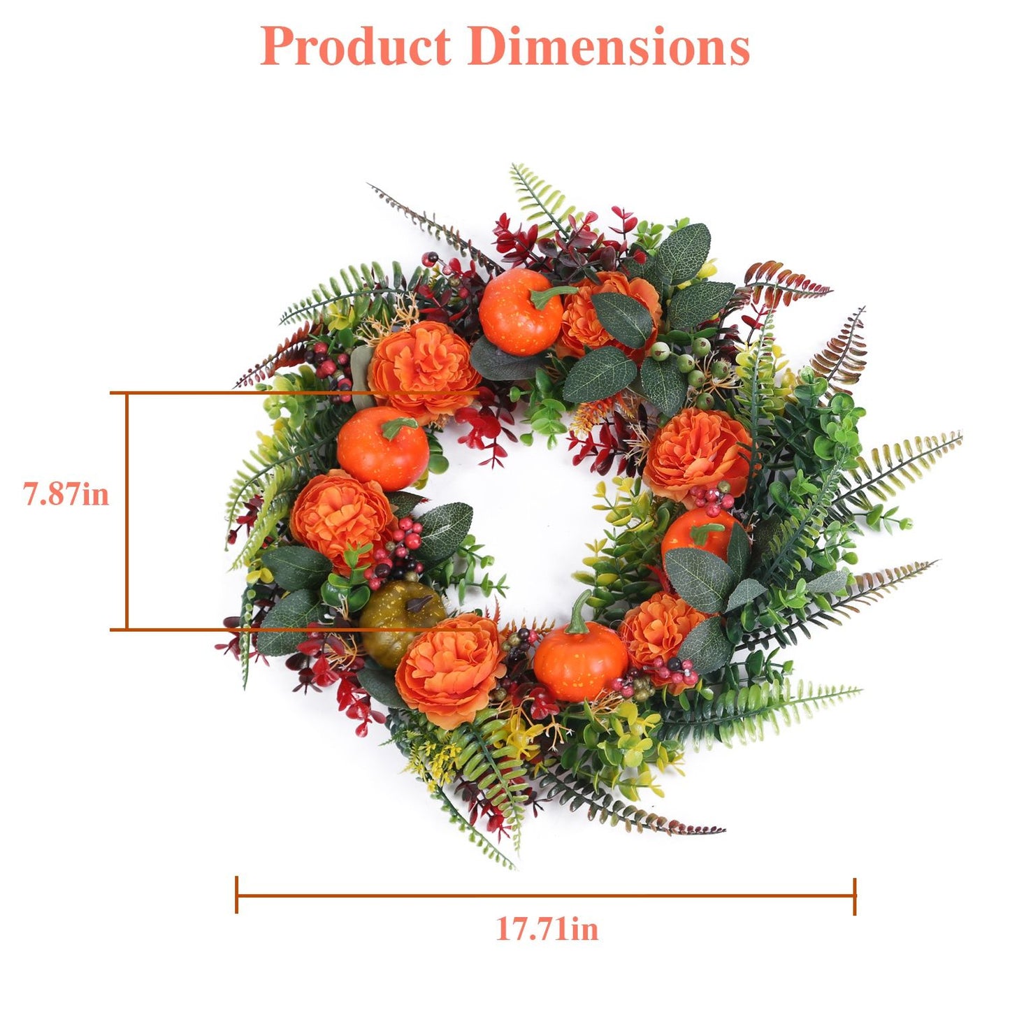 Colorful autumn wreath decoration with orange flowers and pumpkins for seasonal home decor