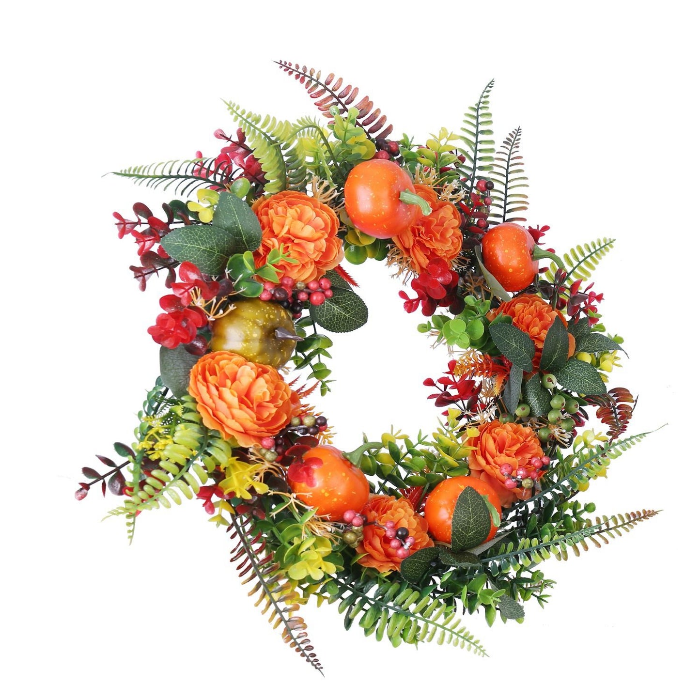 Colorful autumn wreath decoration with orange flowers and green foliage for fall home decor