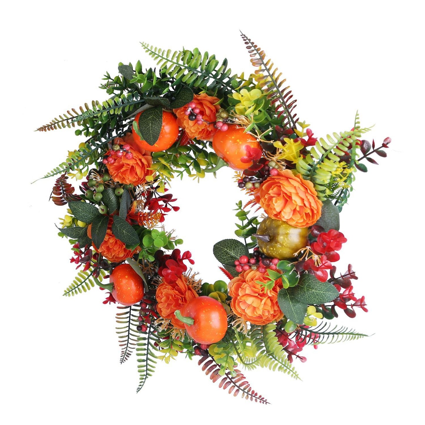Colorful autumn wreath decoration with vibrant flowers, berries, and greenery for fall home decor