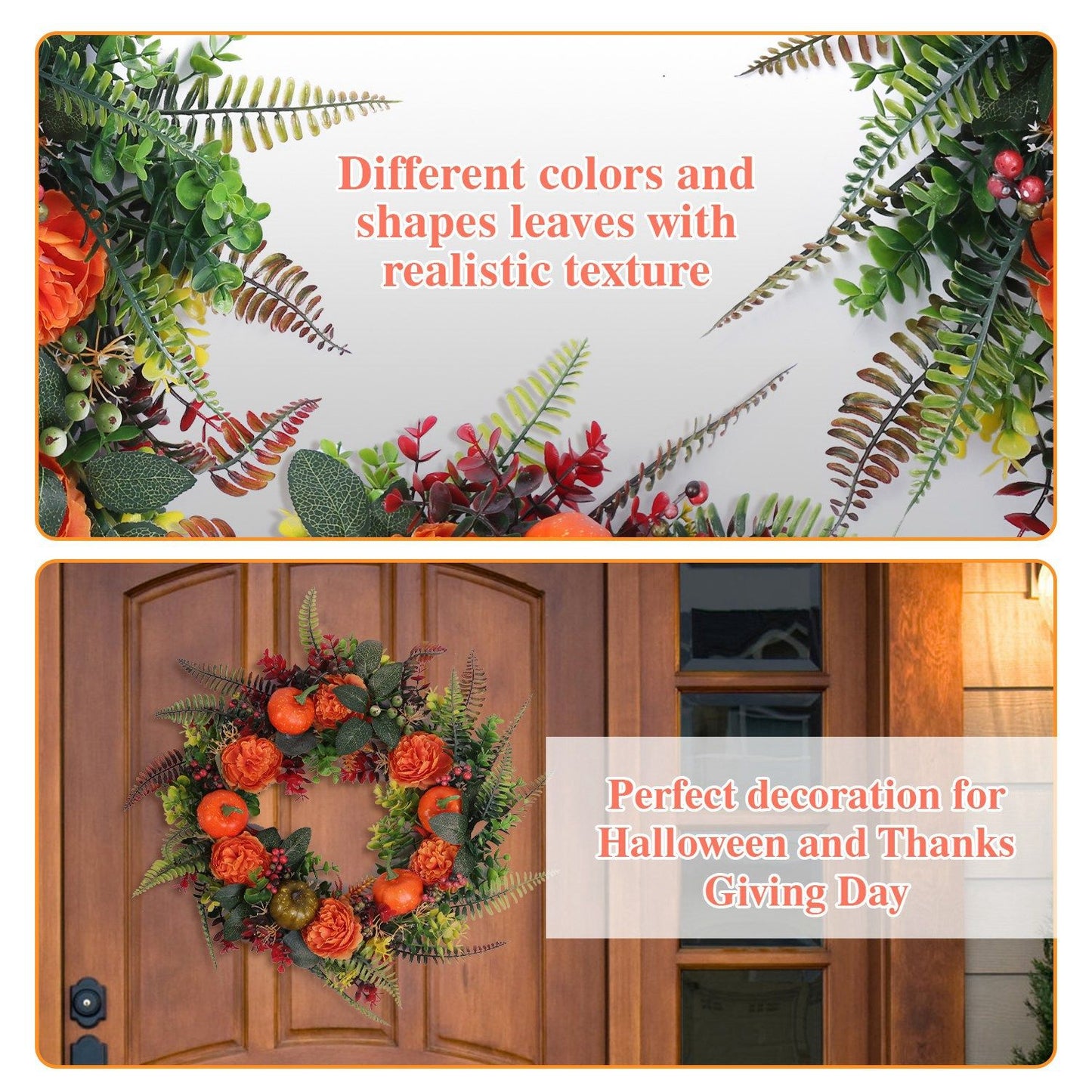 Colorful autumn wreath decoration with realistic leaves and flowers, ideal for Halloween and Thanksgiving