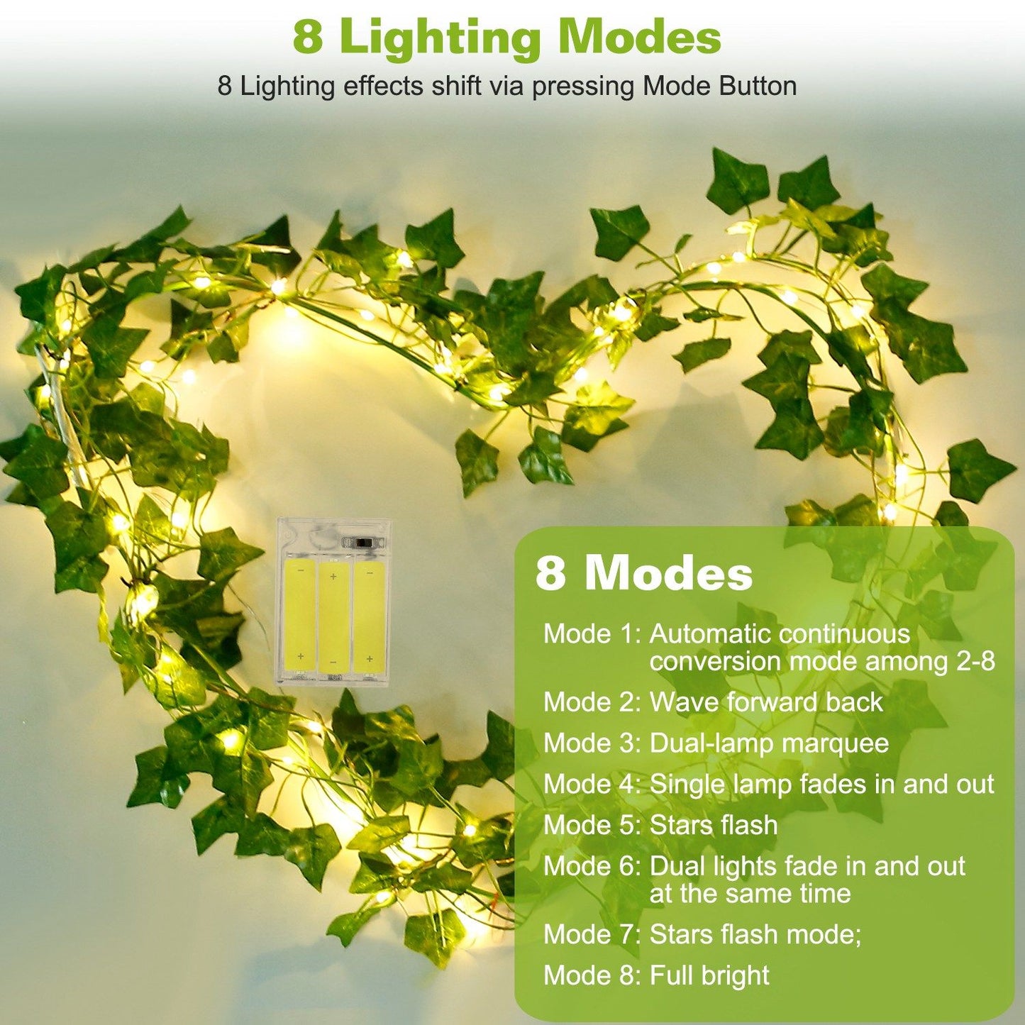 Heart-shaped artificial ivy string lights with warm white LED bulbs showing 8 lighting modes