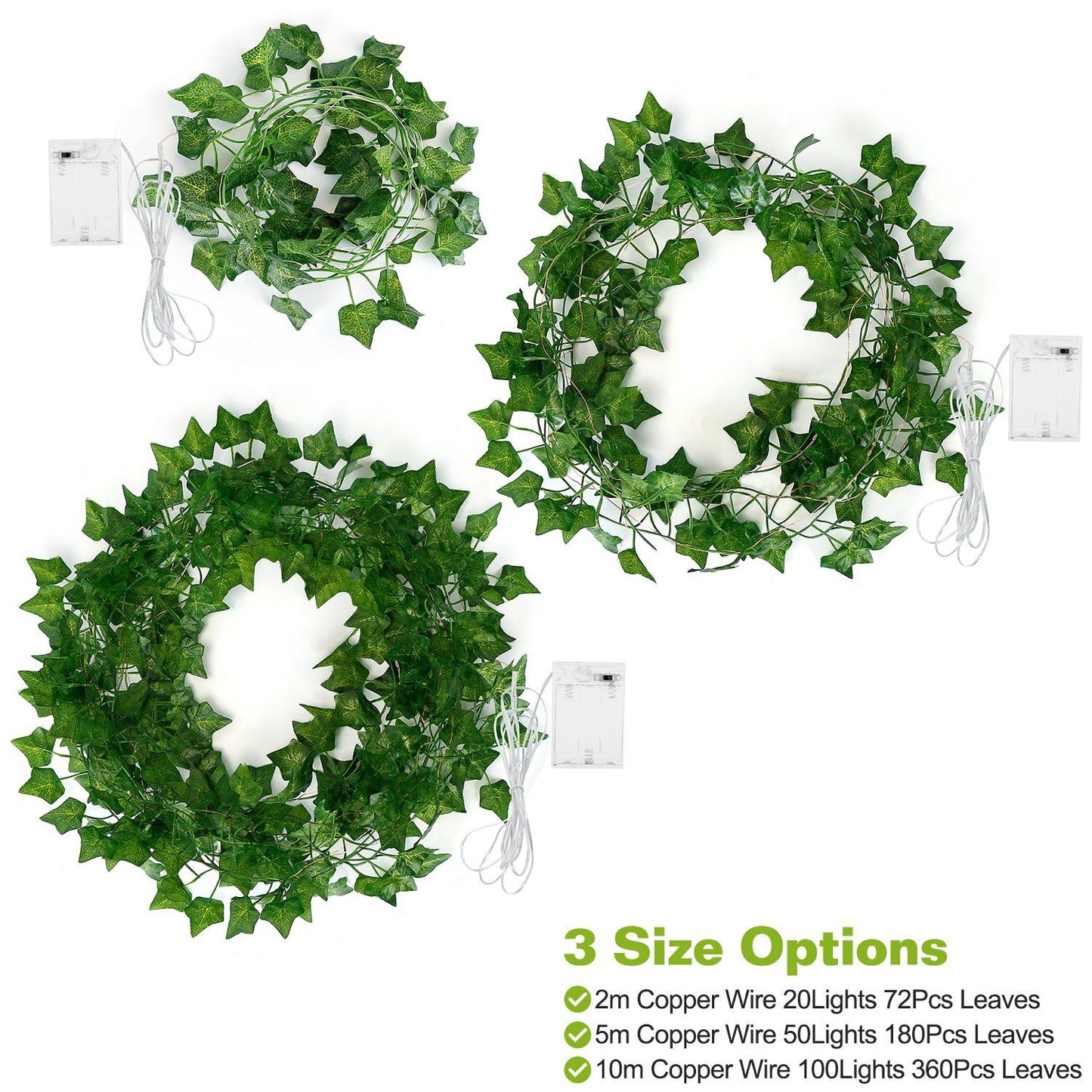 Three size options of artificial ivy string lights with green leaves and battery packs