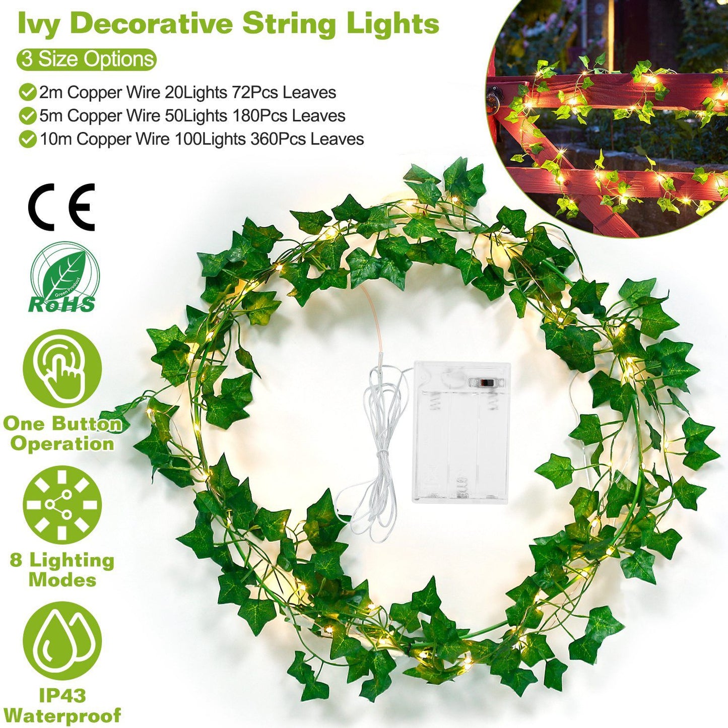 Artificial ivy string lights with 72 green leaves and warm white LED lights on copper wire for indoor and outdoor decor