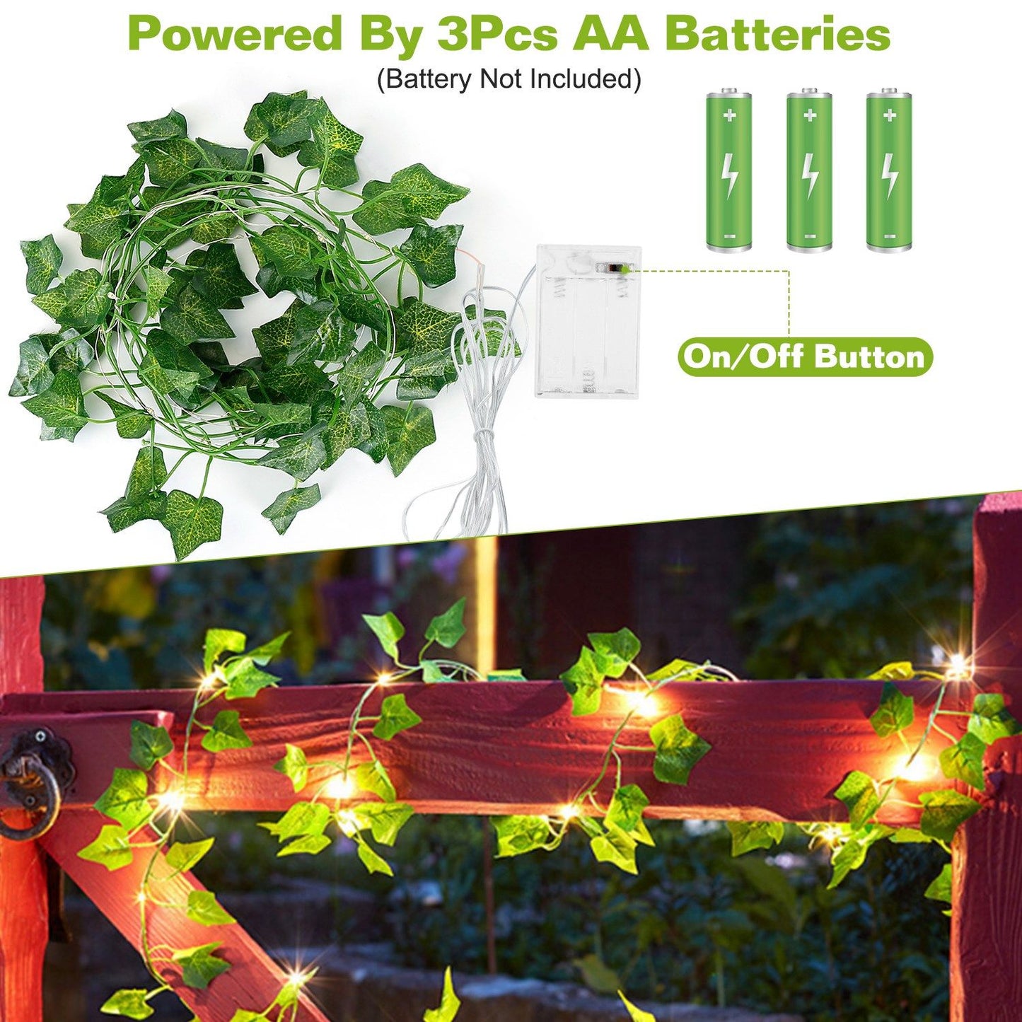 Artificial ivy string lights powered by 3 AA batteries with on off button and realistic green leaves