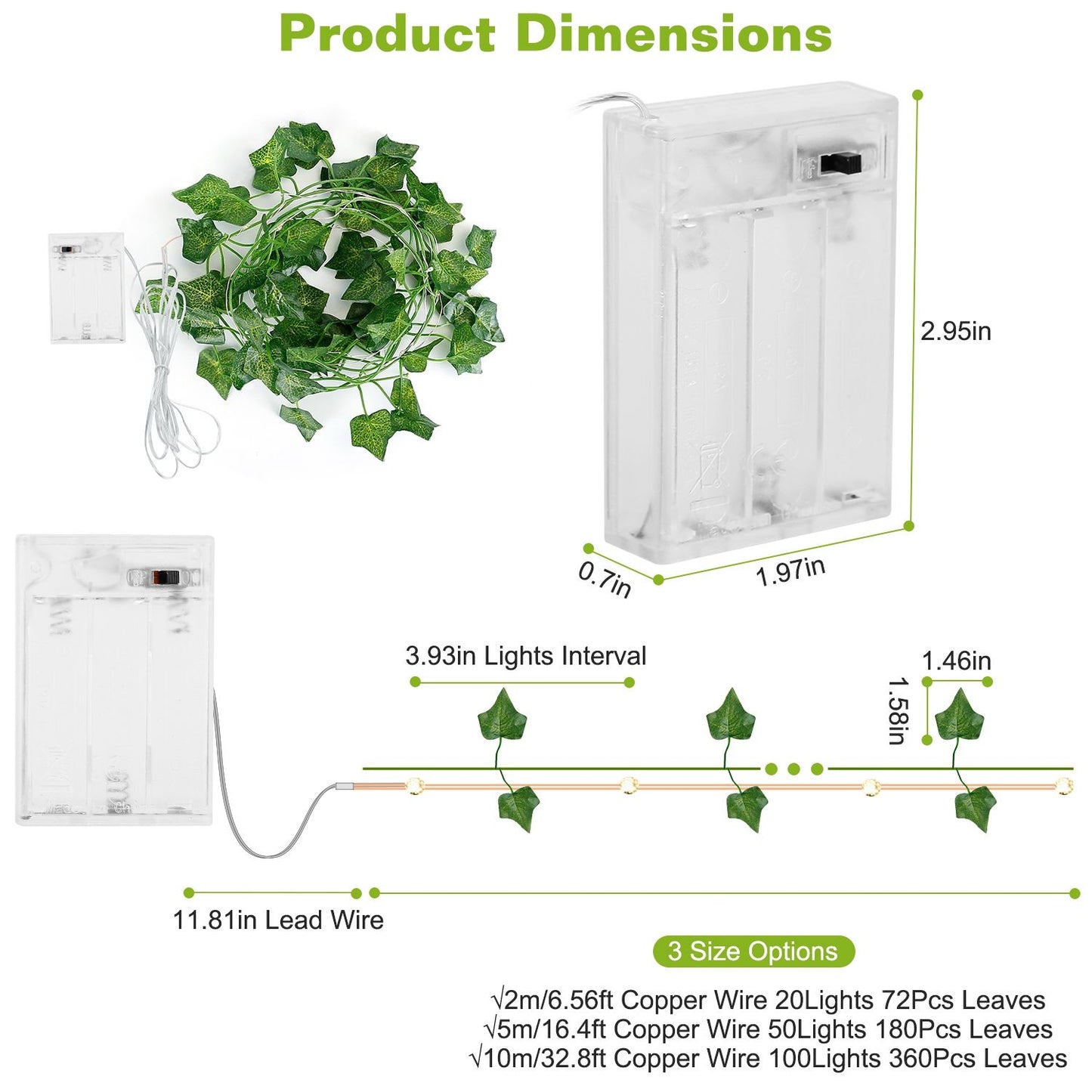 Artificial ivy string lights with battery pack showing dimensions and leaf spacing for decorative use