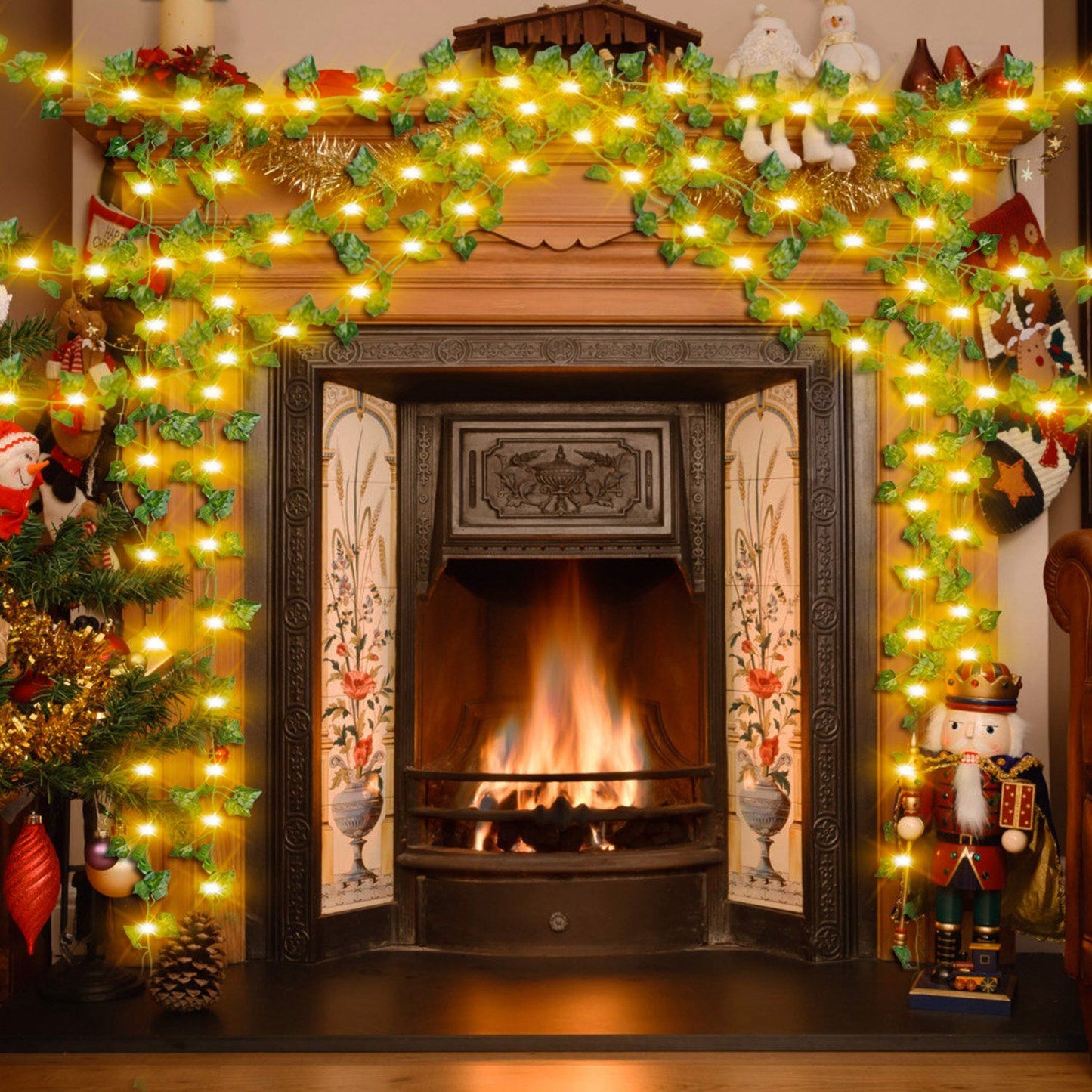 Cozy fireplace decorated with glowing artificial ivy string lights for a warm festive ambiance