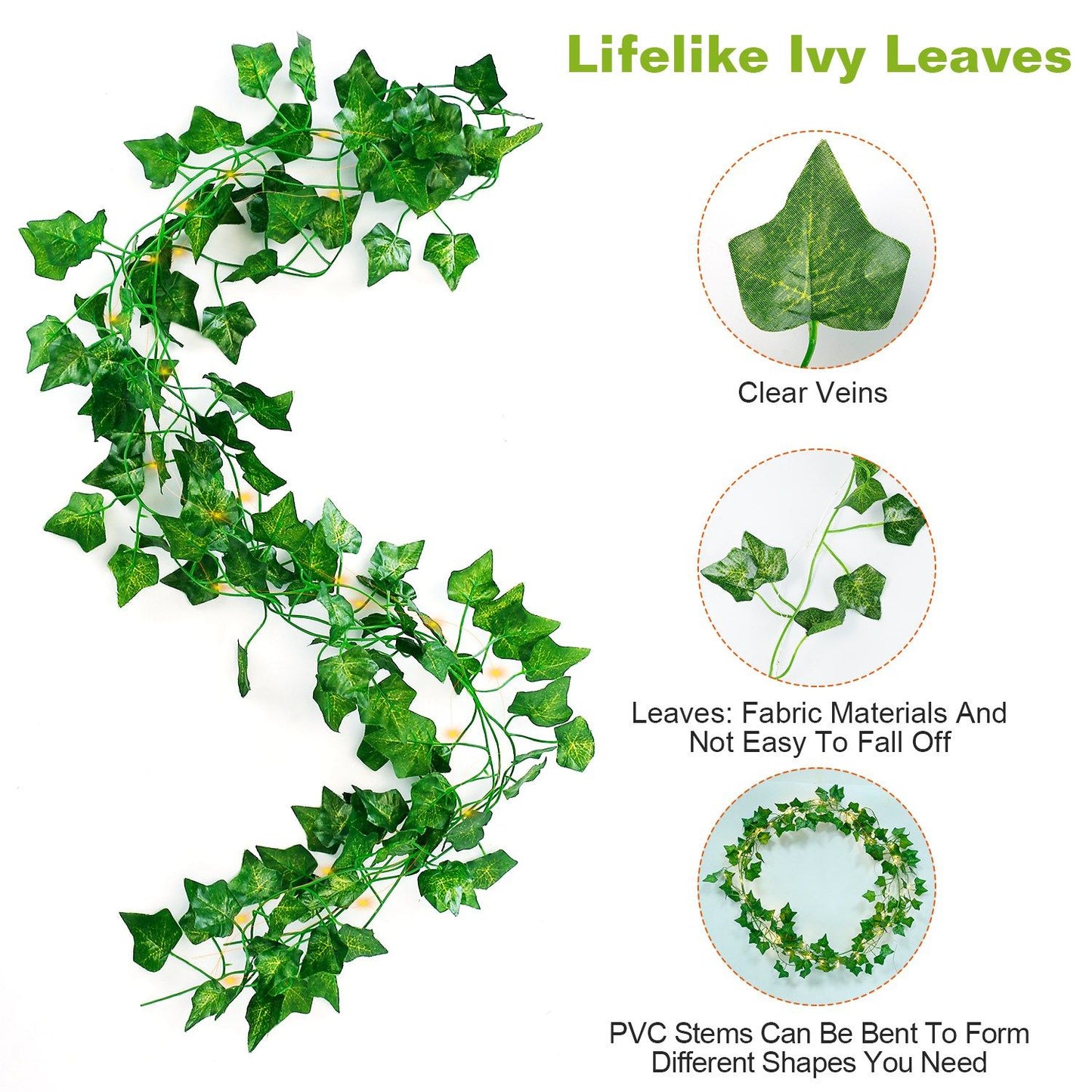 Artificial ivy string lights with lifelike green leaves featuring clear veins and flexible PVC stems