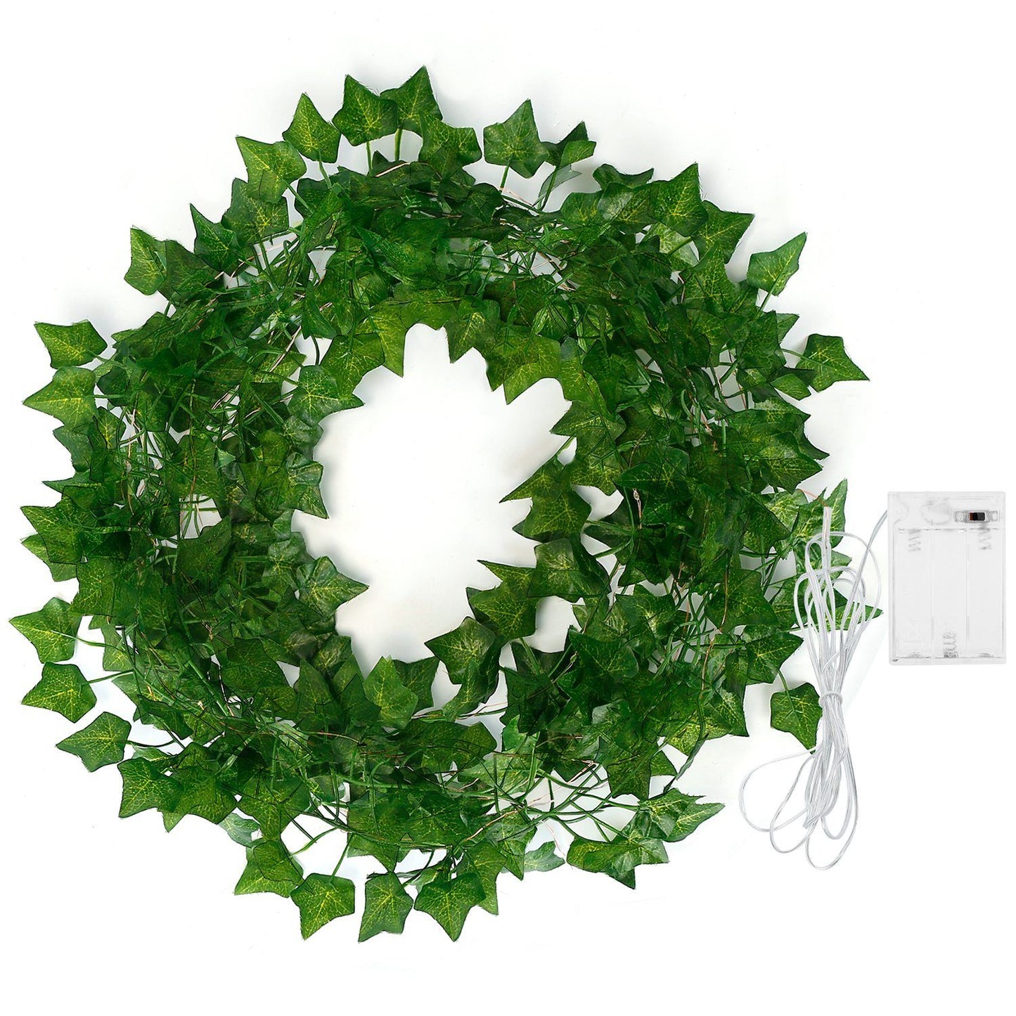 FauxMart.com artificial ivy string lights with green leaves and battery pack for indoor decoration