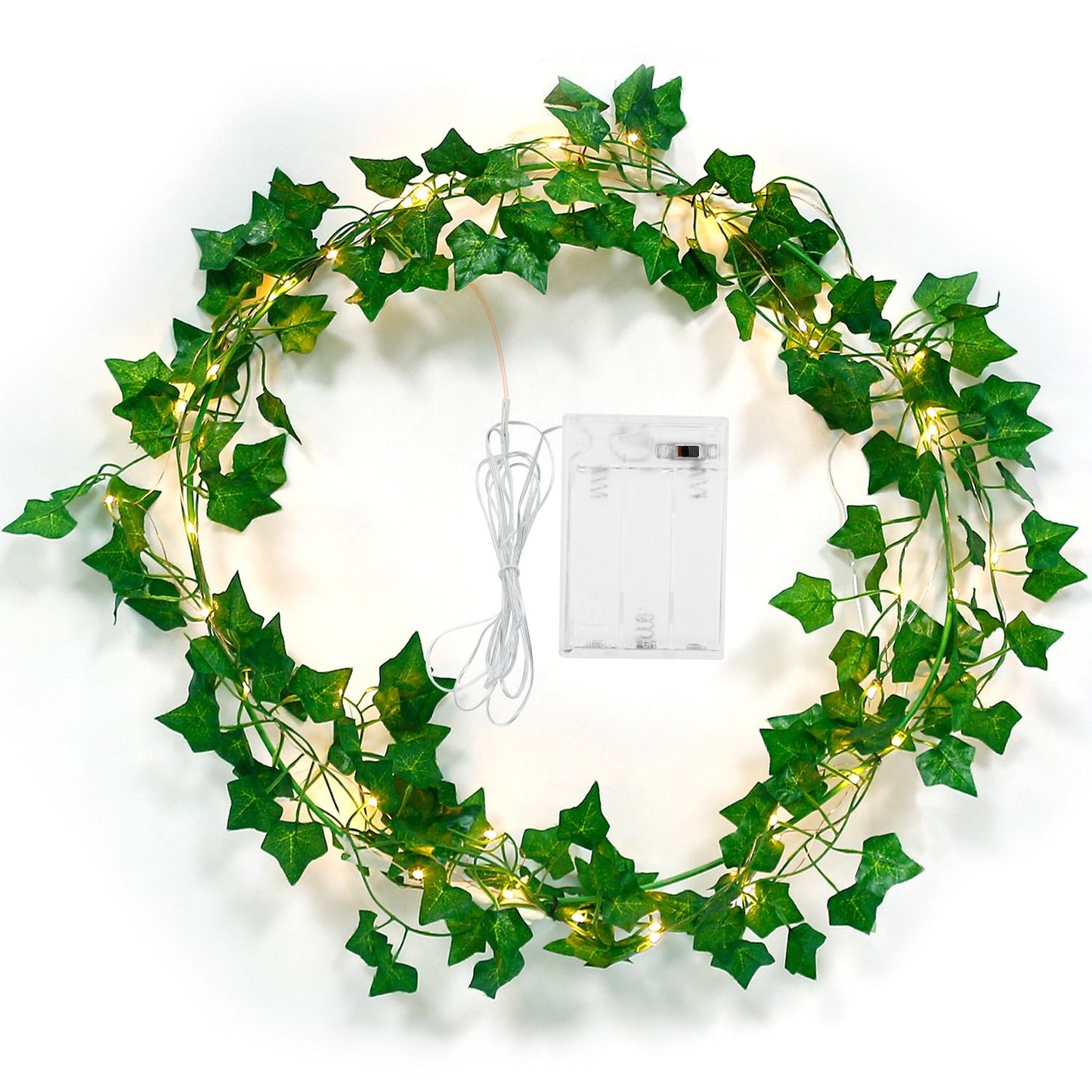 Artificial ivy string lights with green leaves and warm white LED bulbs powered by a battery pack