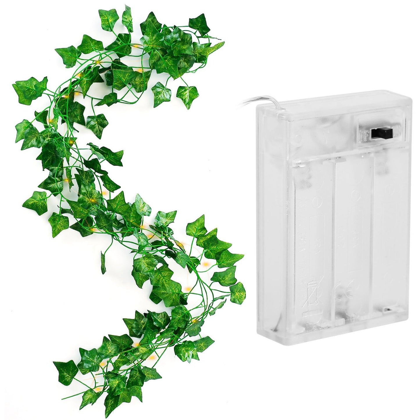 Artificial ivy string lights with green leaves and clear battery pack for decorative lighting