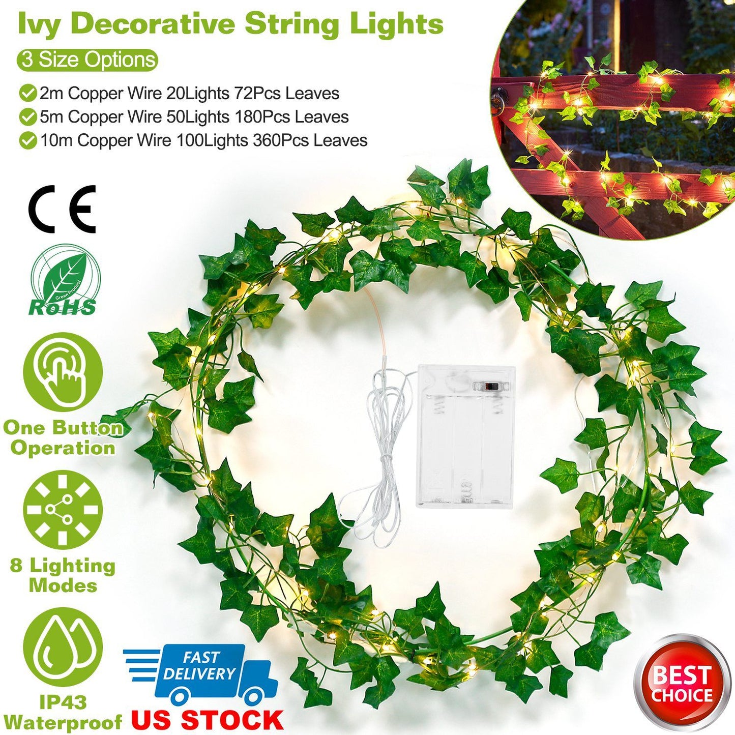 Artificial ivy string lights with green leaves and warm LED bulbs on copper wire, battery powered with 8 lighting modes