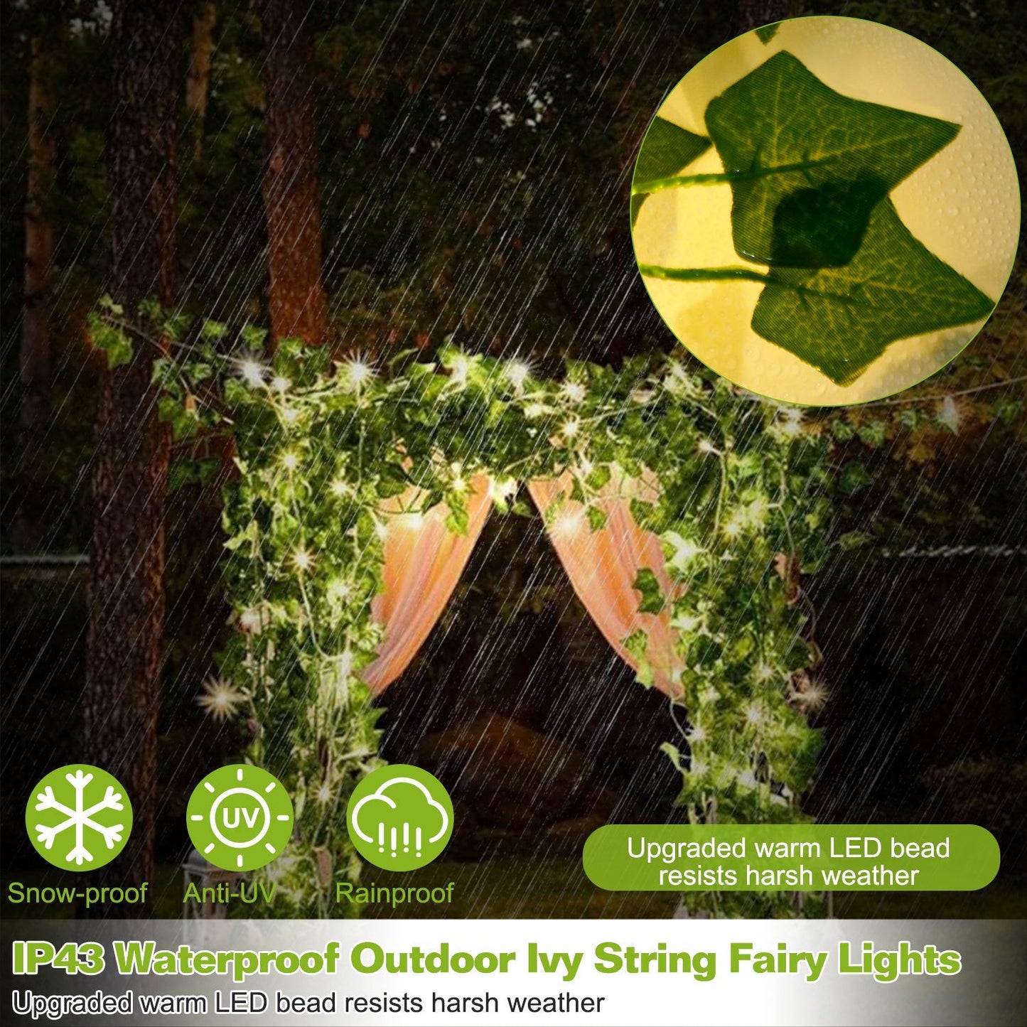 FauxMart.com artificial ivy string lights with waterproof LED beads on outdoor archway in rainy weather