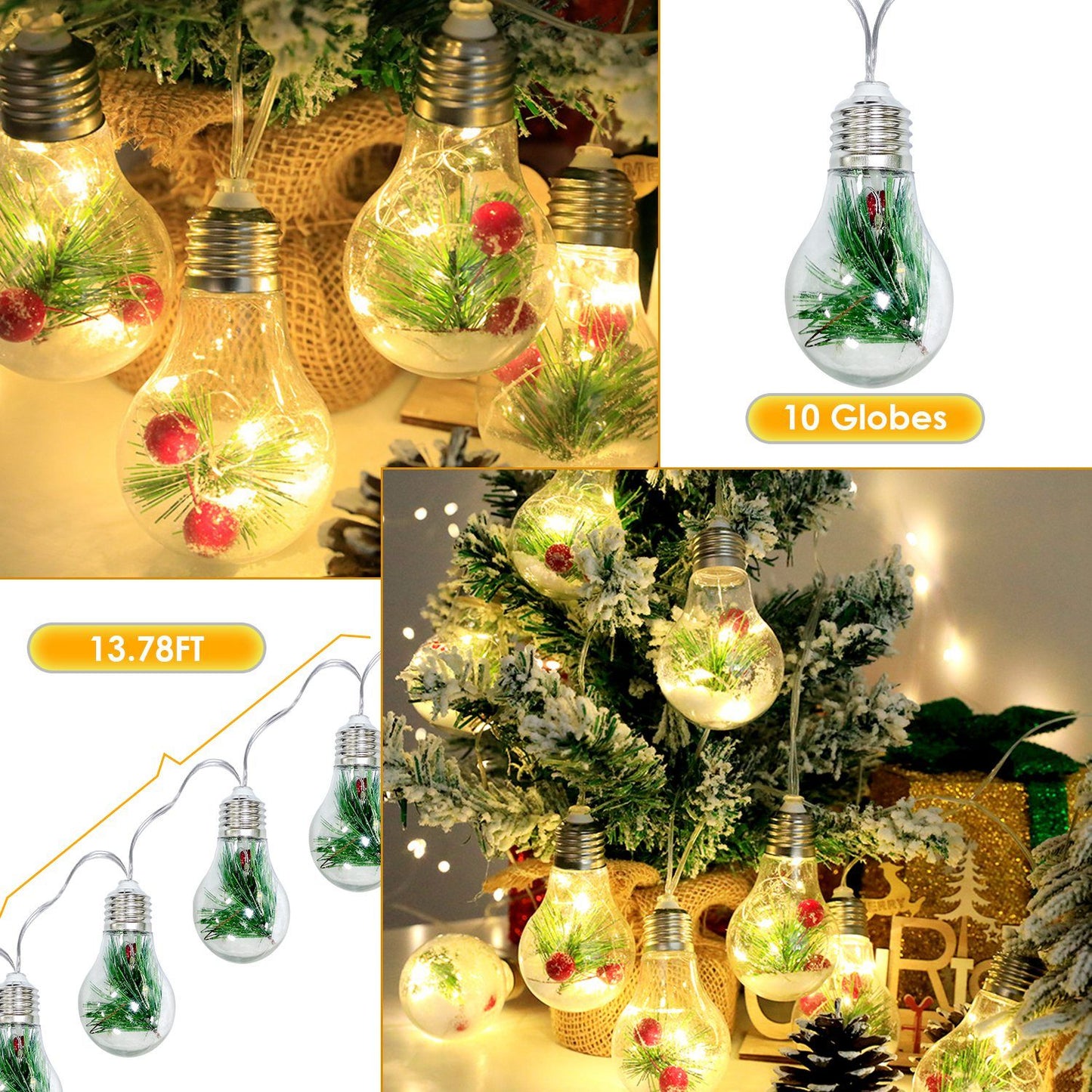 Battery powered Christmas string lights with 10 decorative globe bulbs featuring festive greenery and red berries