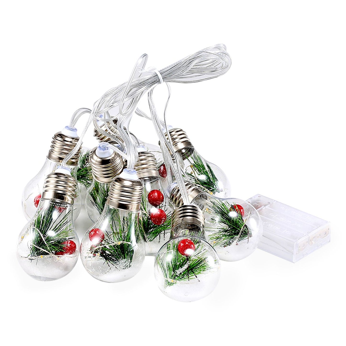 Battery powered Christmas string lights with clear bulbs containing green pine and red berries decoration
