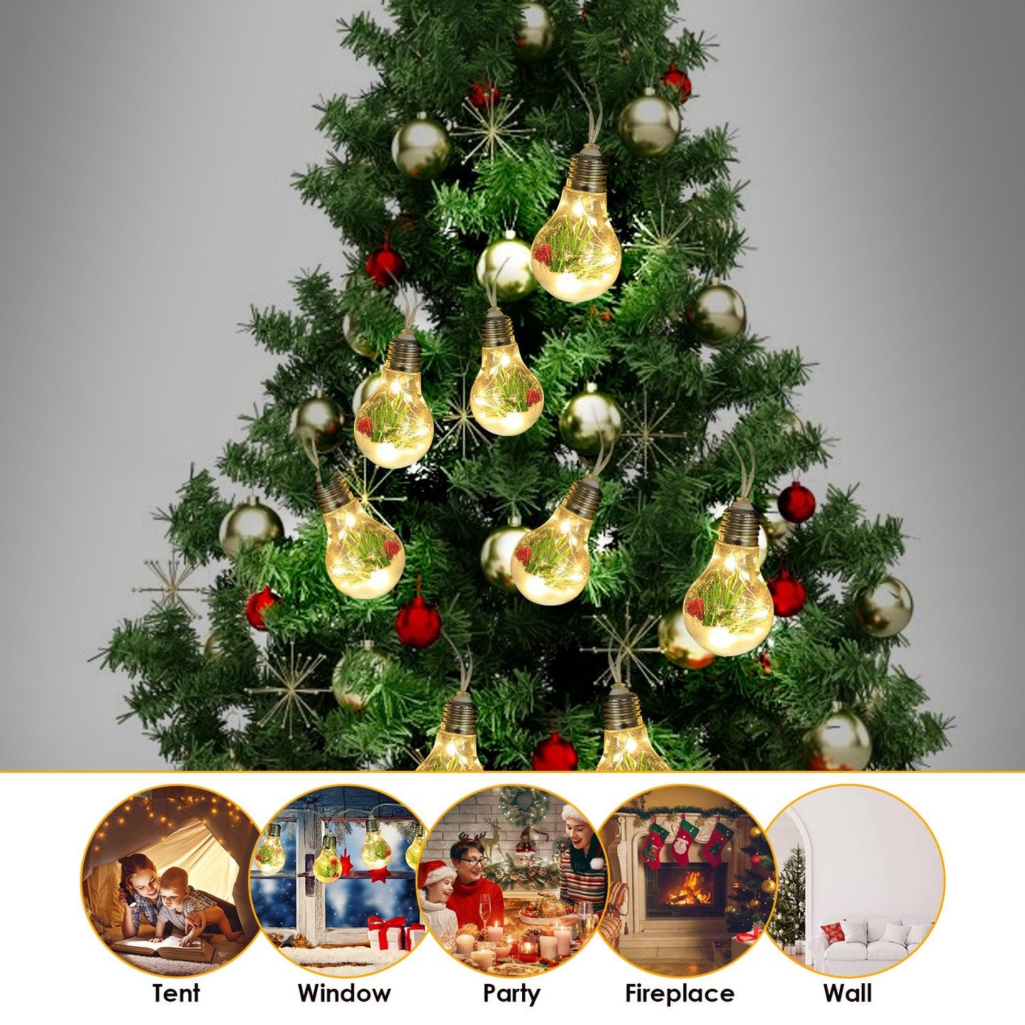 Battery powered Christmas string lights shaped like glowing light bulbs on decorated Christmas tree
