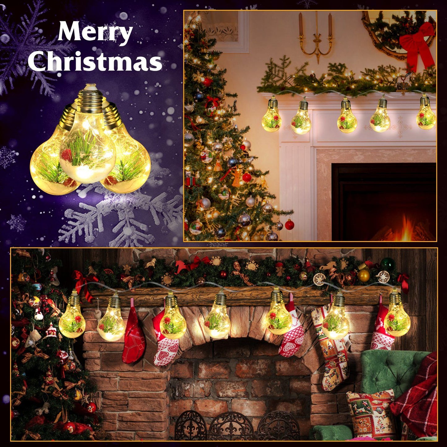 Battery powered Christmas string lights with bulbs decorated in green foliage glowing over fireplace and Christmas tree