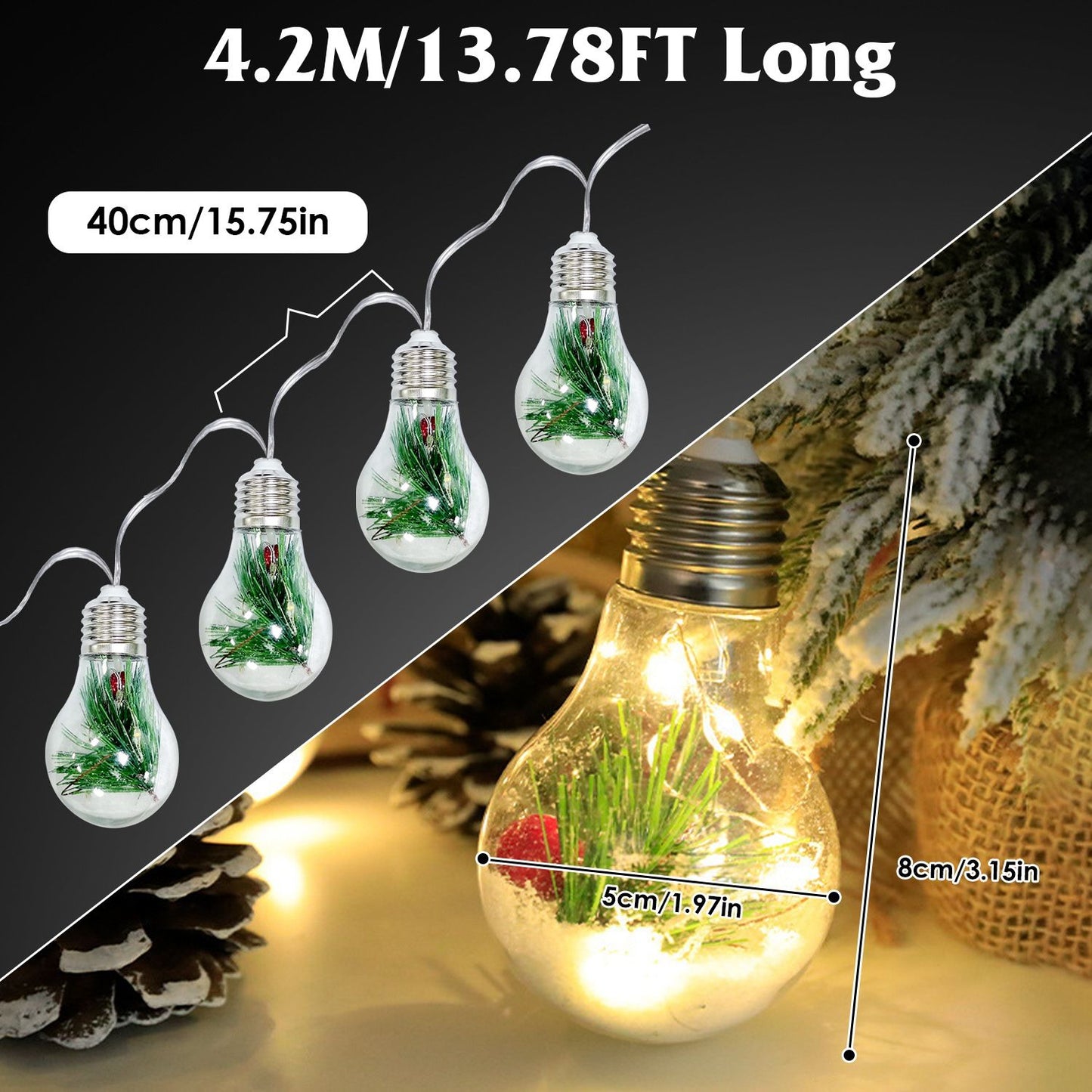 Battery powered Christmas string lights with clear bulb covers and pinecone decorations 4.2 meters long