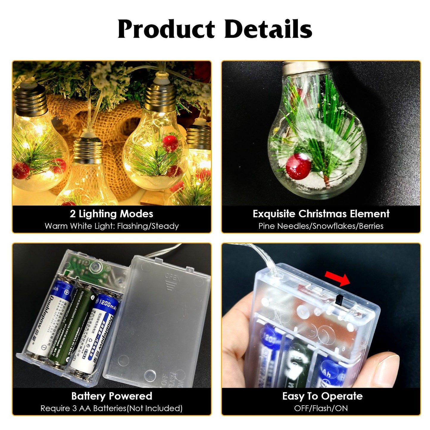 Battery powered Christmas string lights with pine needle decorations and clear bulb design from FauxMart.com