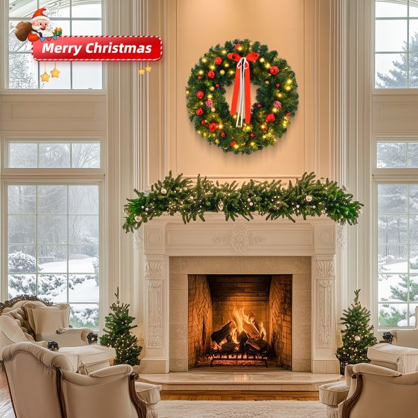 Festive battery powered Christmas wreath adorned with colorful ornaments and a bright ribbon above a cozy fireplace