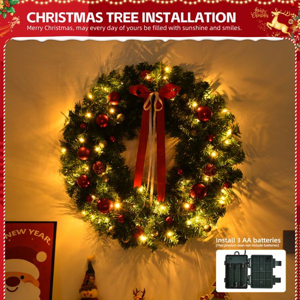 Battery powered Christmas wreath adorned with lights and festive decorations for holiday cheer