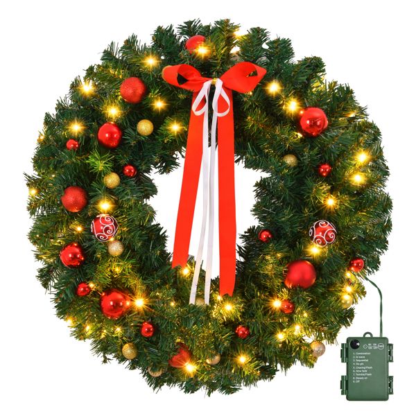 Battery powered Christmas wreath with lights, red bows, and colorful ornaments for festive decor