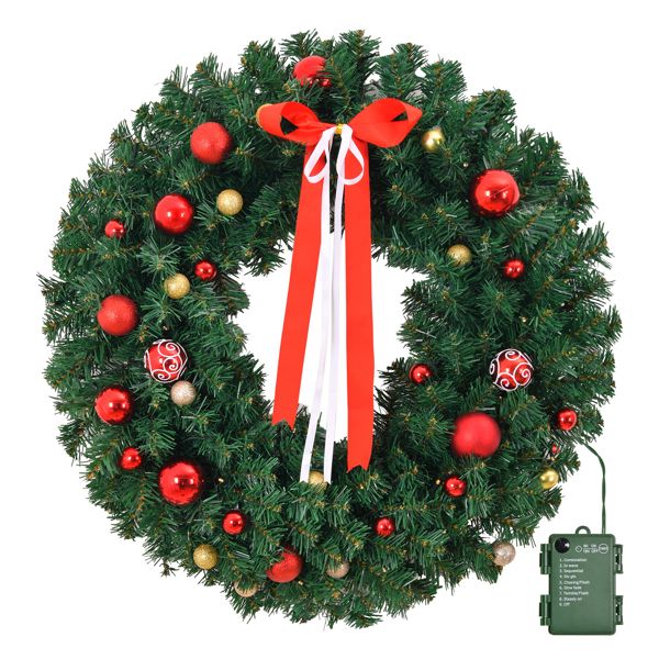 Battery powered Christmas wreath with red and gold ornaments and a vibrant bow for festive decor