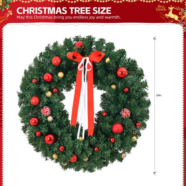 Battery powered Christmas wreath decorated with red ornaments and ribbons, measuring 24 inches in diameter