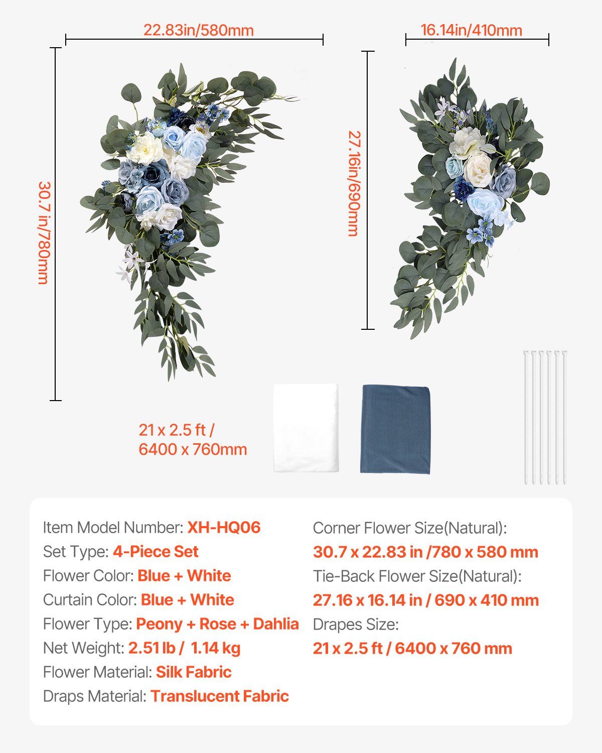 Blue and white wedding arch flowers with peony, rose, dahlia, and silk fabric in a 4-piece set