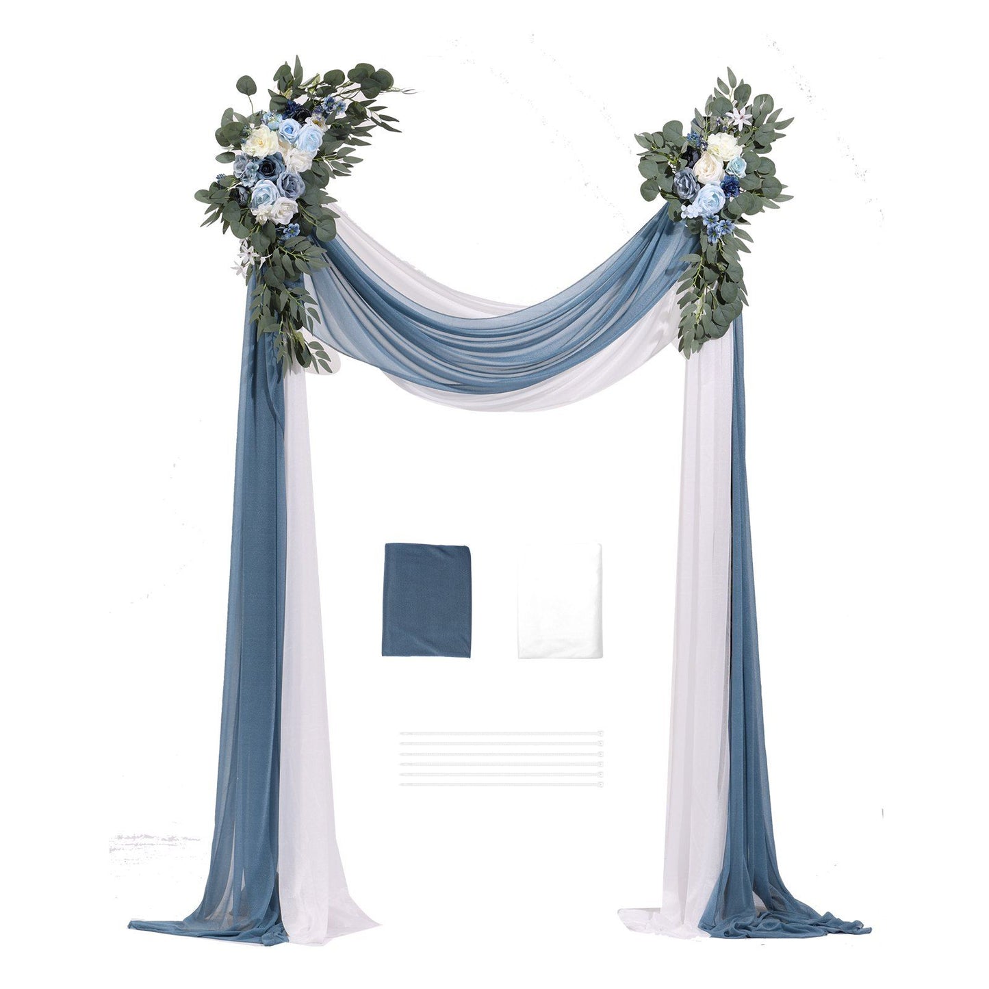 Blue and white wedding arch flowers with draped fabric and greenery decoration from FauxMart.com